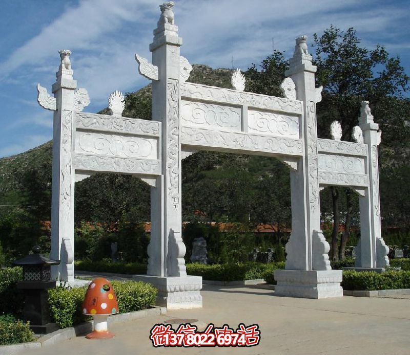 精致園林景觀，漢白玉華表浮雕祥云門樓石牌坊