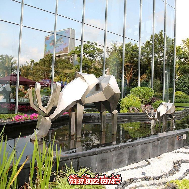 精致雕塑，幾何鏡面不銹鋼鹿，點綴精致水景小品