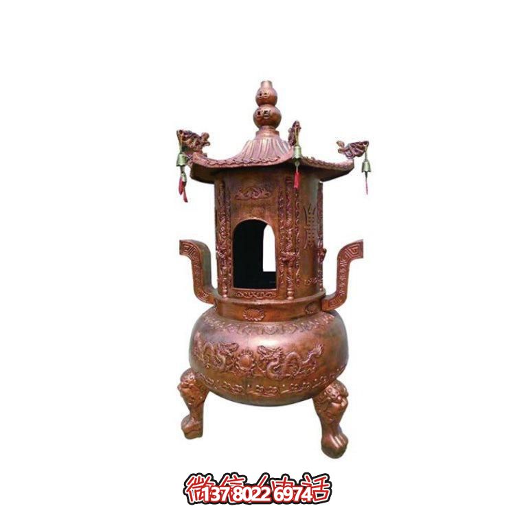純銅香爐四柱舍利塔，裝飾寺院舍利