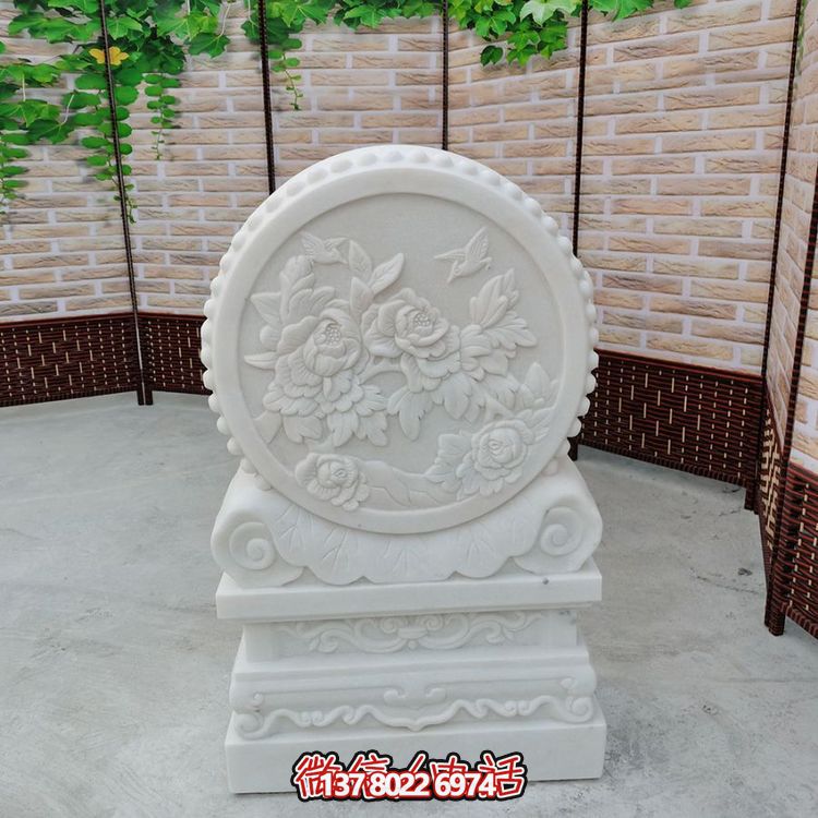 中式風(fēng)格天然漢白玉石雕抱鼓浮雕門墩，花開富貴