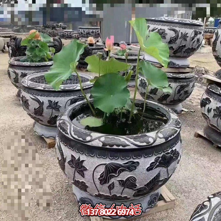 經(jīng)典荷花石雕浮雕圓形水缸，裝點(diǎn)您的庭院