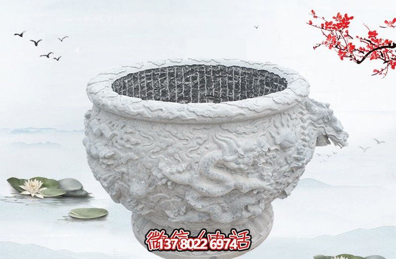 漢白玉石雕龍浮雕水缸雕塑，為庭院增添優(yōu)雅氣息
