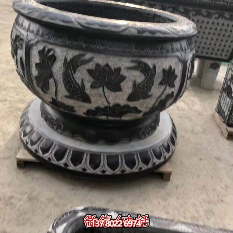 花園擺放青石荷花鯉魚水缸陽臺(tái)花盆魚缸