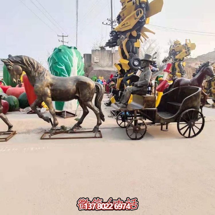 玻璃鋼仿銅歐式馬拉車雕塑旅游景點(diǎn)步行街?jǐn)[件